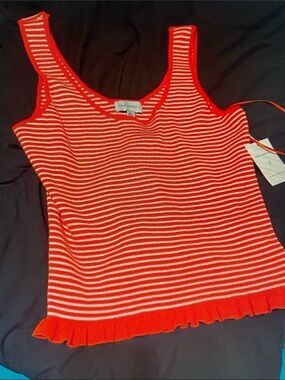 Women’s Red and White Striped Ruffle-Hem Tank Top